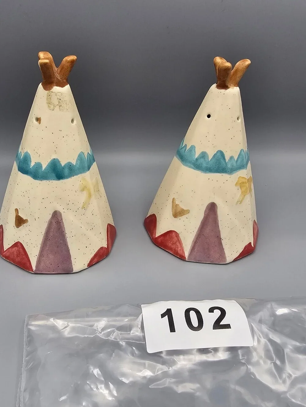Pair of Vintage Hand-Painted Ceramic Teepee Salt and Pepper Shakers